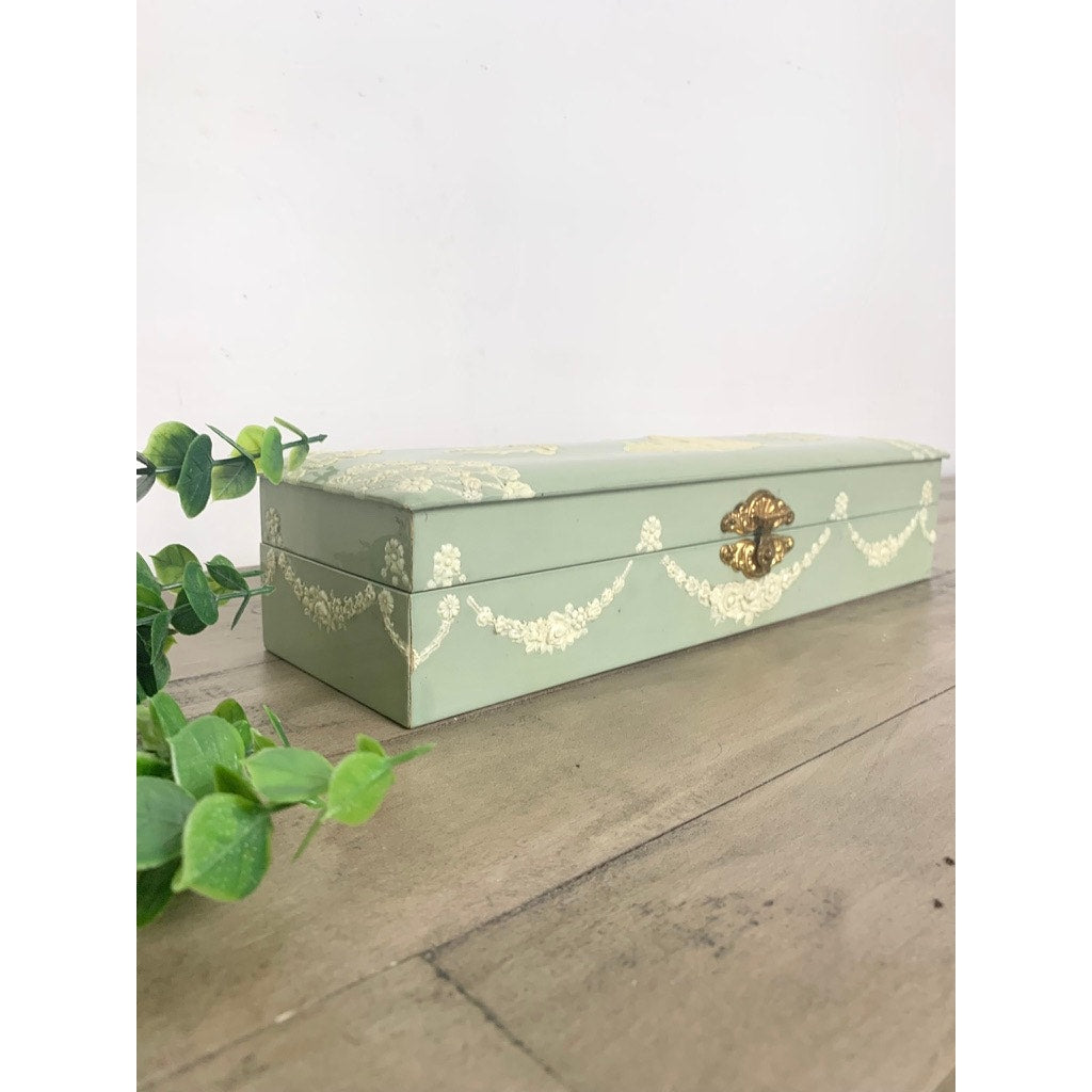 Antique Celluloid Glove Box Green Jewelry Box Figural Dog Relief Romantic Victorian