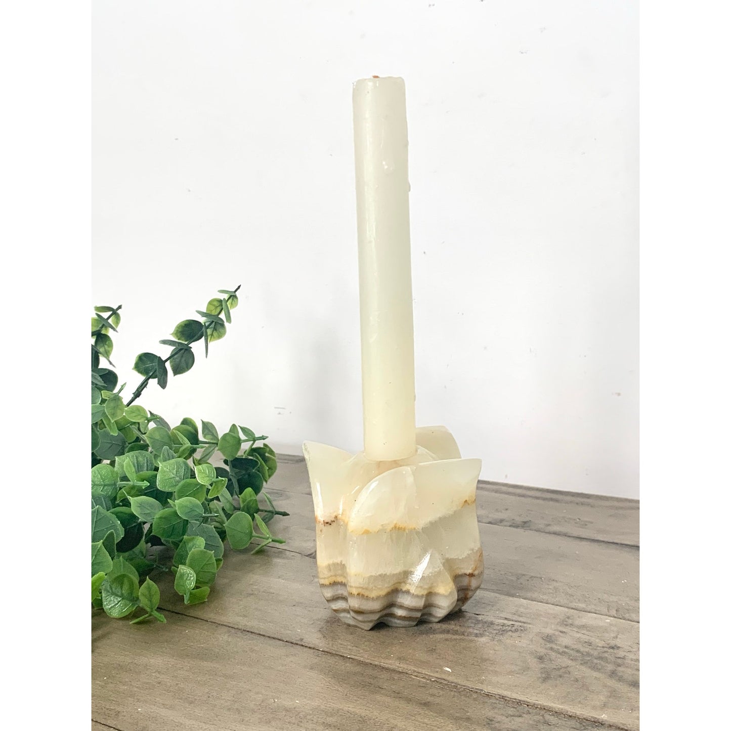 Vintage Onyx Stone Candle Holder Carved Marble Style Taper Holder Floral Earthy