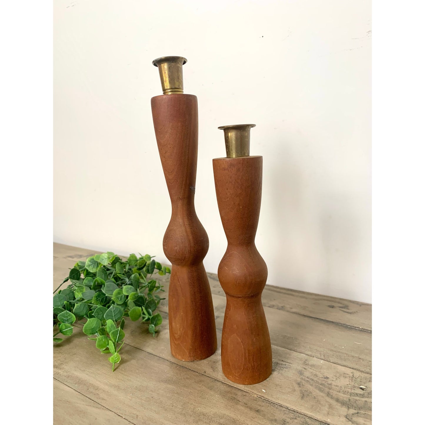Pair of Vintage Mid Century Modern Wood Candlesticks with Brass Holders Cottage