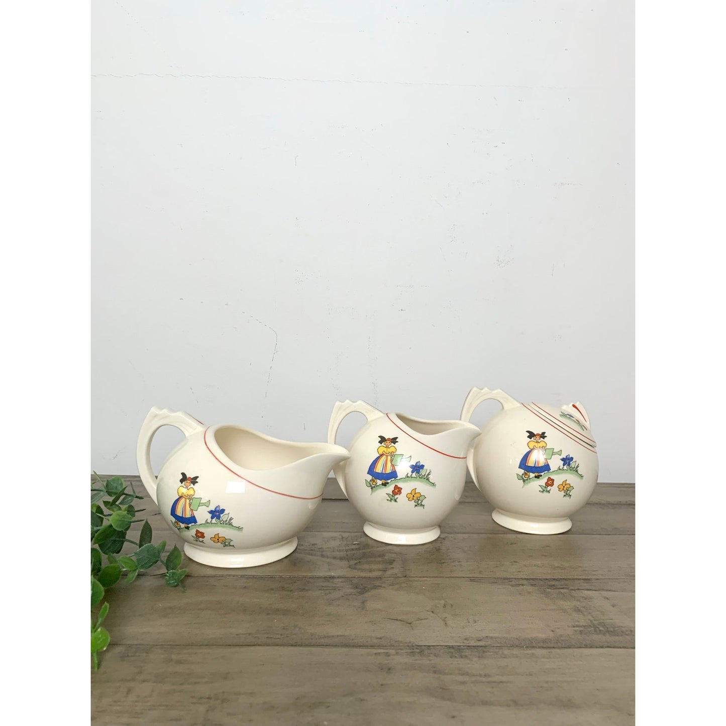 Vintage Crooksville China Co 3pc Creamer & Sugar Set Hand Painted Dutch Children