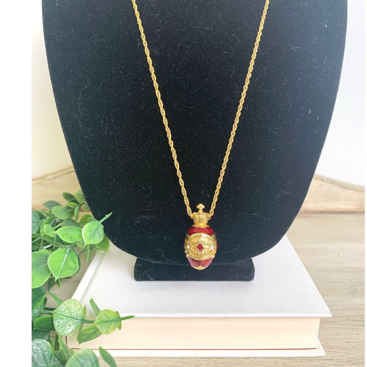 Vintage Joan Rivers Red Enamel Egg Pendant Necklace Crown Rhinestone Gold Tone