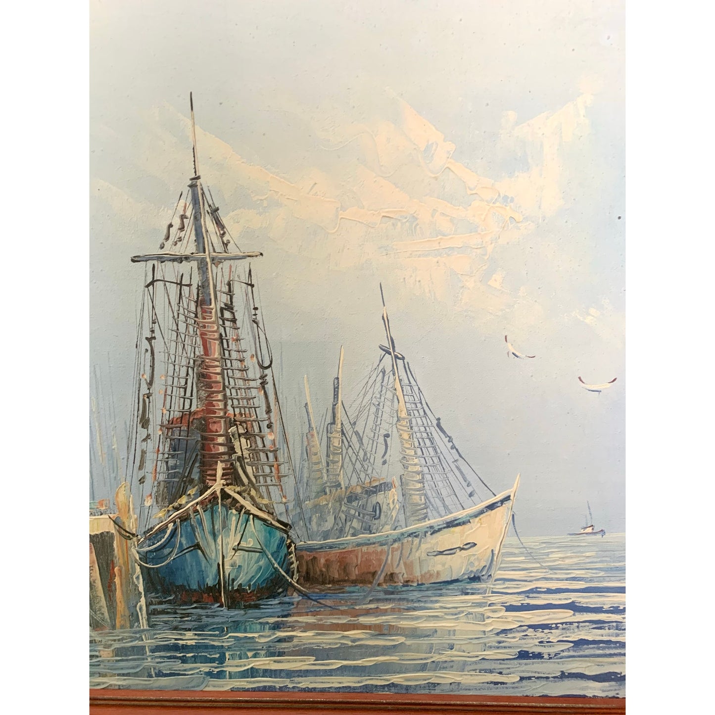 Vintage Oil Painting on Canvas Nautical Art Harbor with Boats Signed Seascape