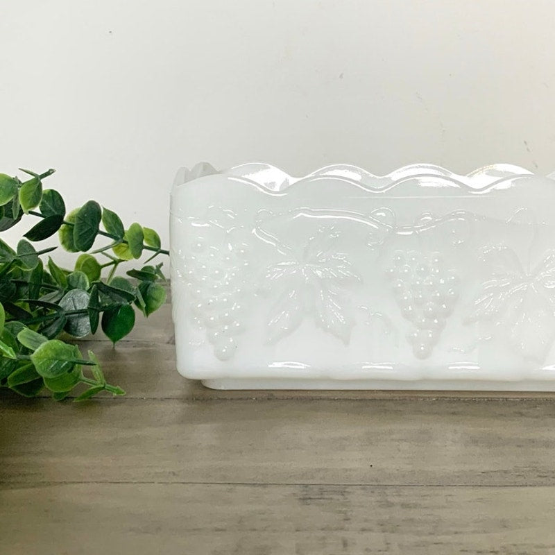 Vintage Anchor Hocking Fire King Milk Glass Grapevine Planter Scalloped RIm