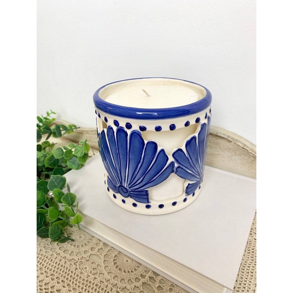 Vintage Blue and White Coastal Shell Candle Holder Ceramic Cutout Beach Votive