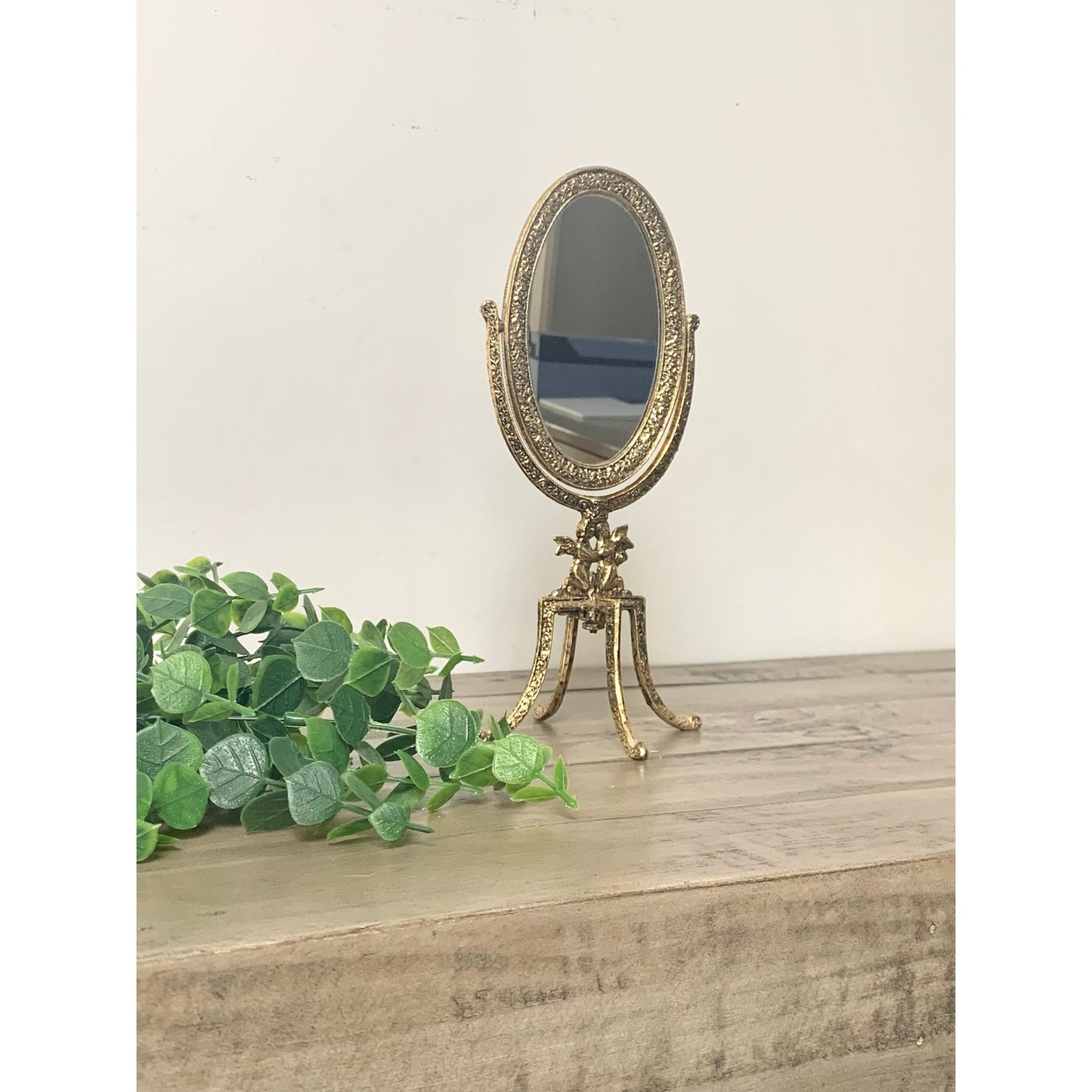 Vintage Gold Metal Tabletop Vanity Mirror Ornate Cherub Hollywood Regency Gilt