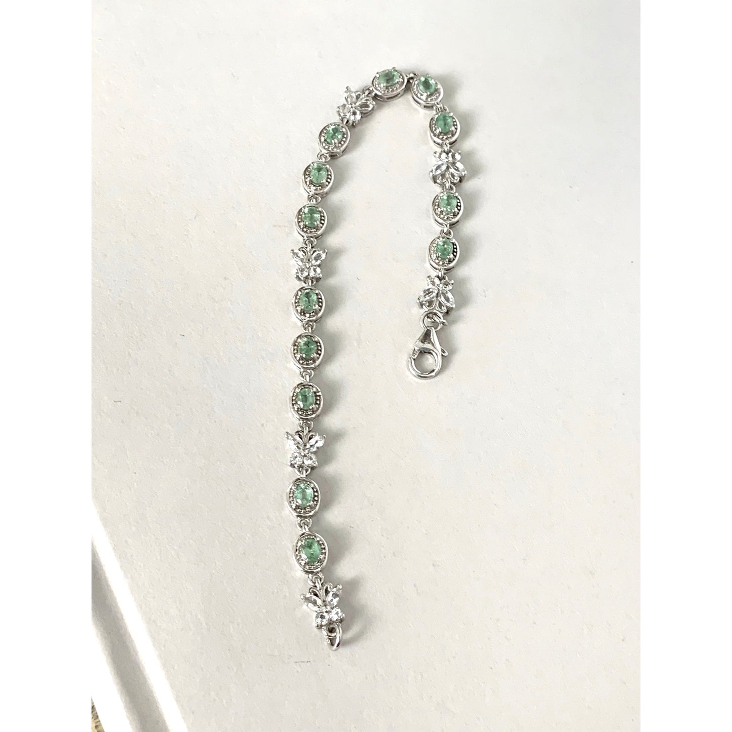 Vintage Sterling Silver Tennis Bracelet Green Stones Butterfly Links 925 Size 7