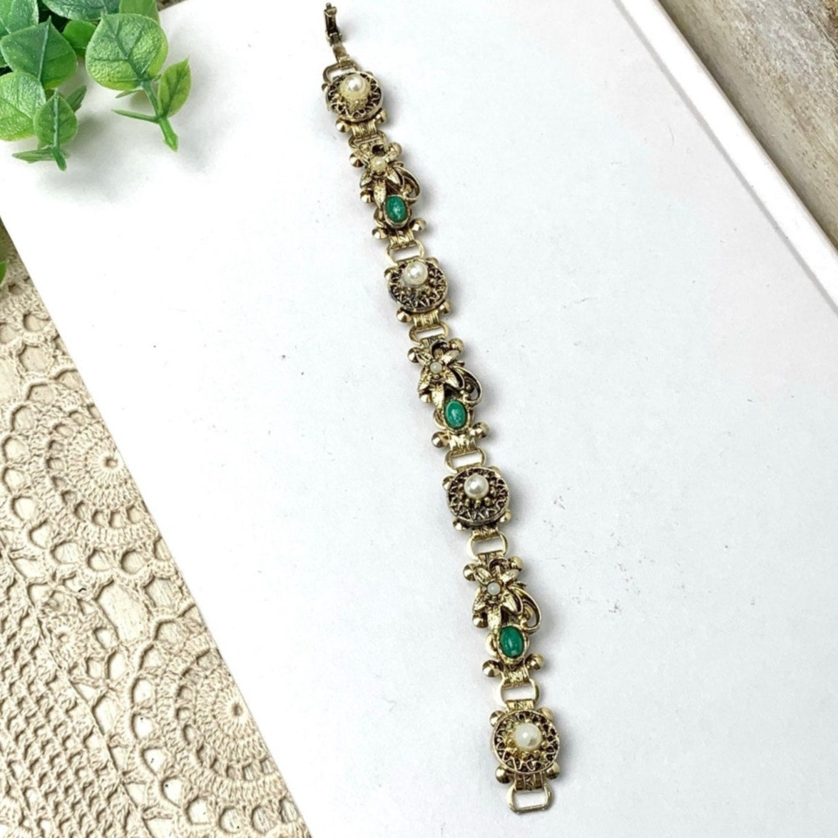 Vintage Victorian Revival Bracelet Goldtone Floral Link Faux Pearl Green Cabochon