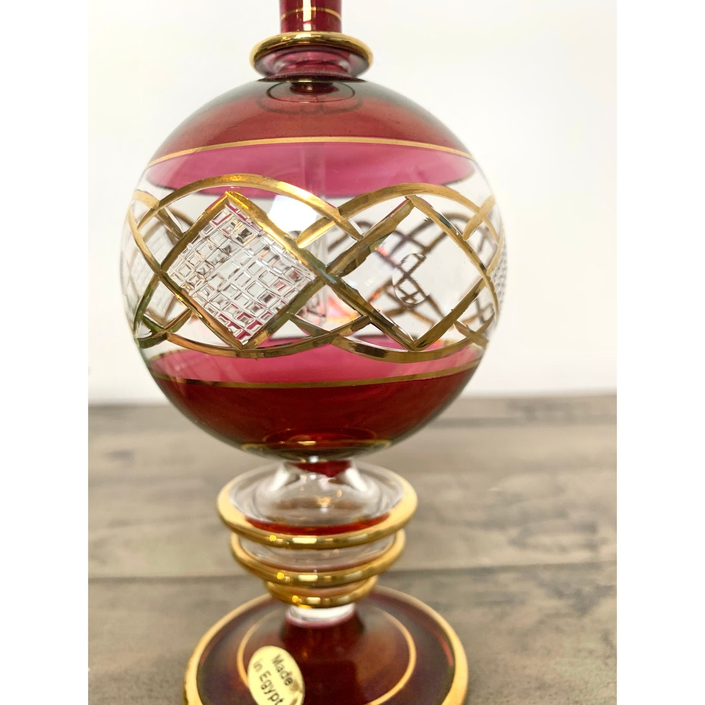 Vintage Egyptian Ruby Red Gold Hand Blown Glass Perfume Bottle Vanity Regency