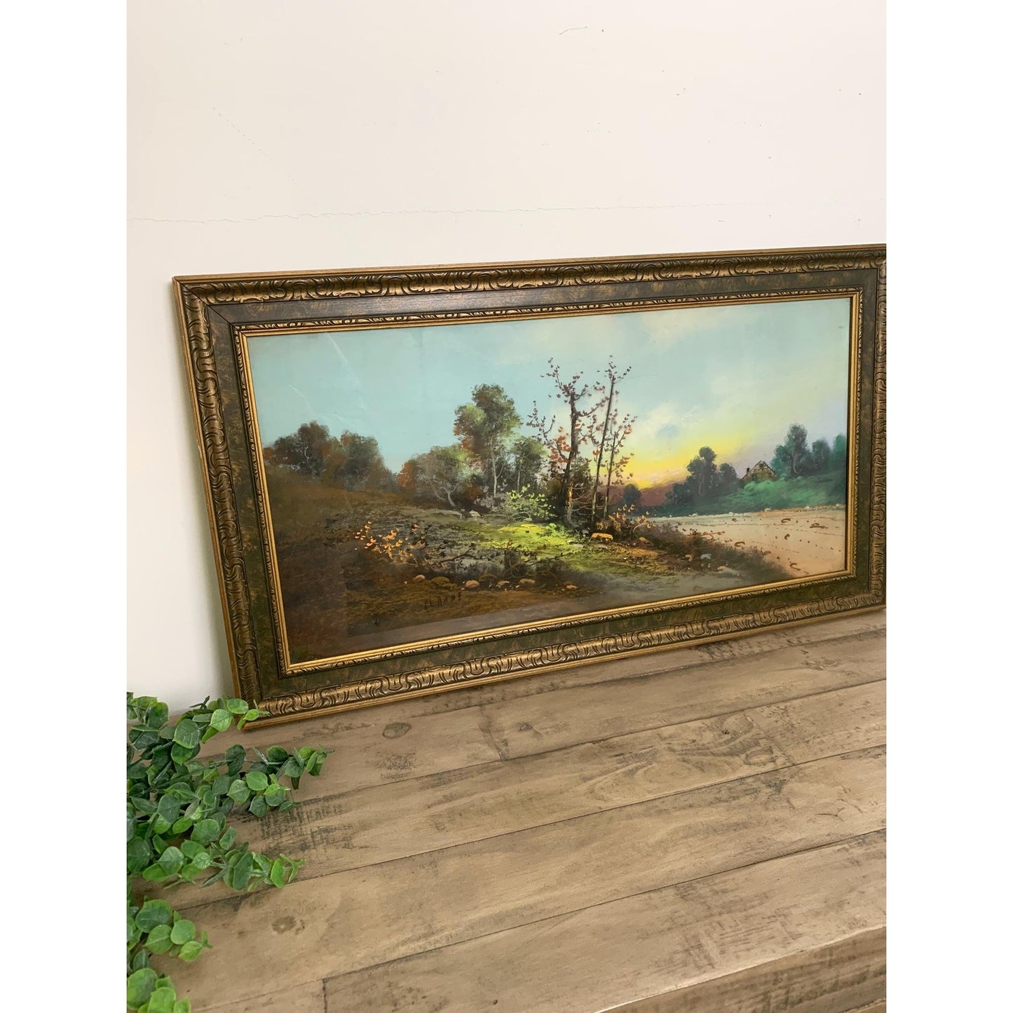 Vintage Pastel Landscape Painting Signed Elande, Framed Countryside Scene
