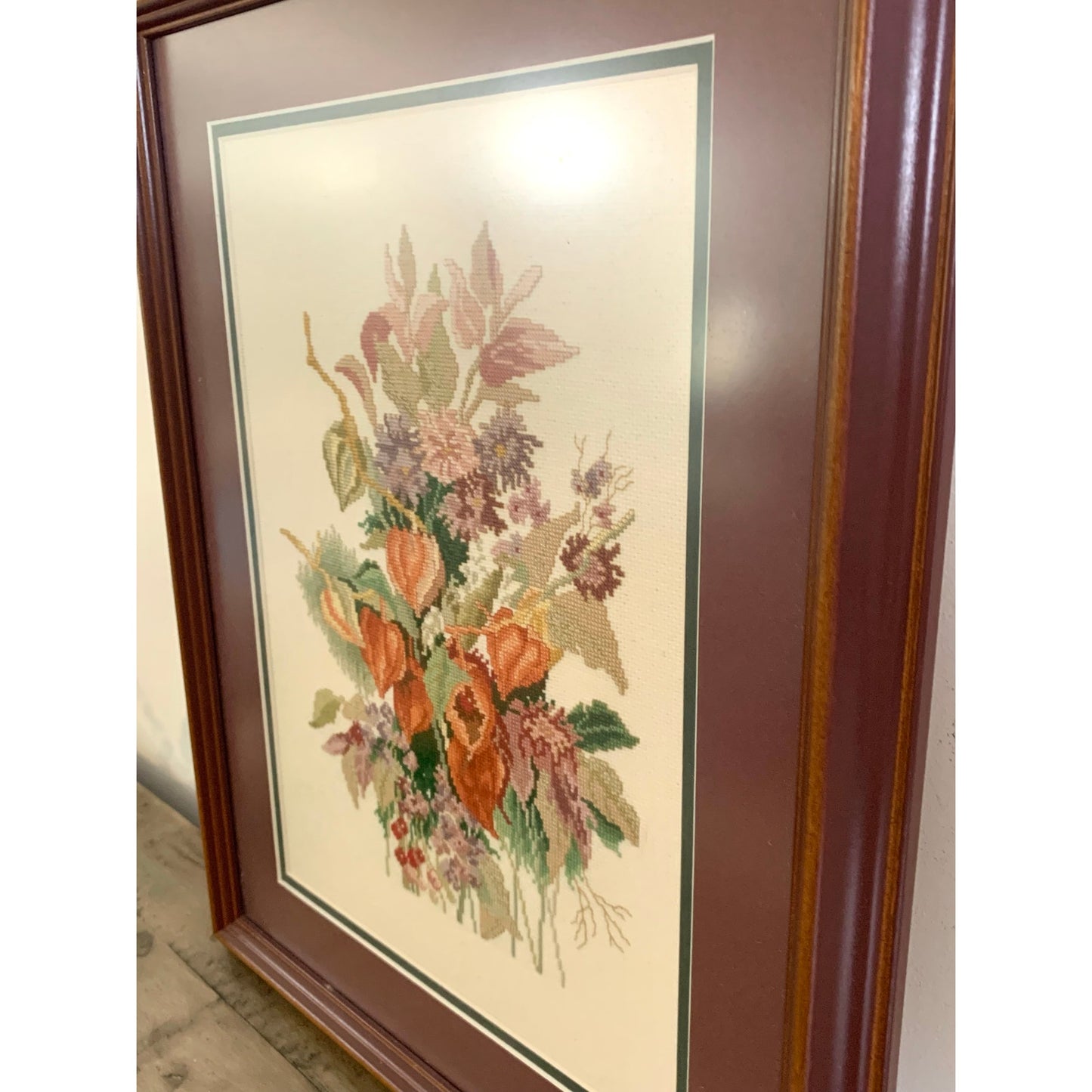 Vintage Framed Floral Needlepoint Hand Stitched Autumn Bouquet Wall Art