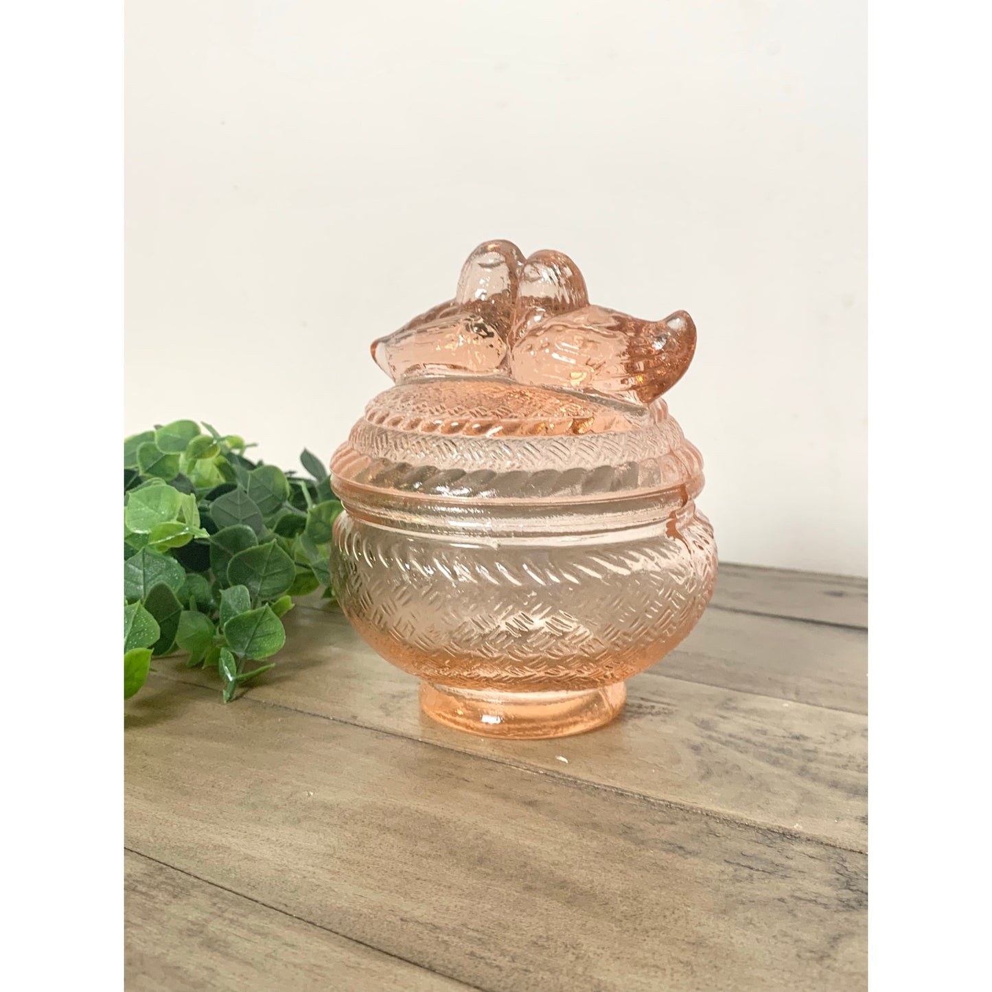 Vintage Pink Depression Glass Lovebirds Covered Candy Dish Romantic Glass Vanity Jar Trinket Box