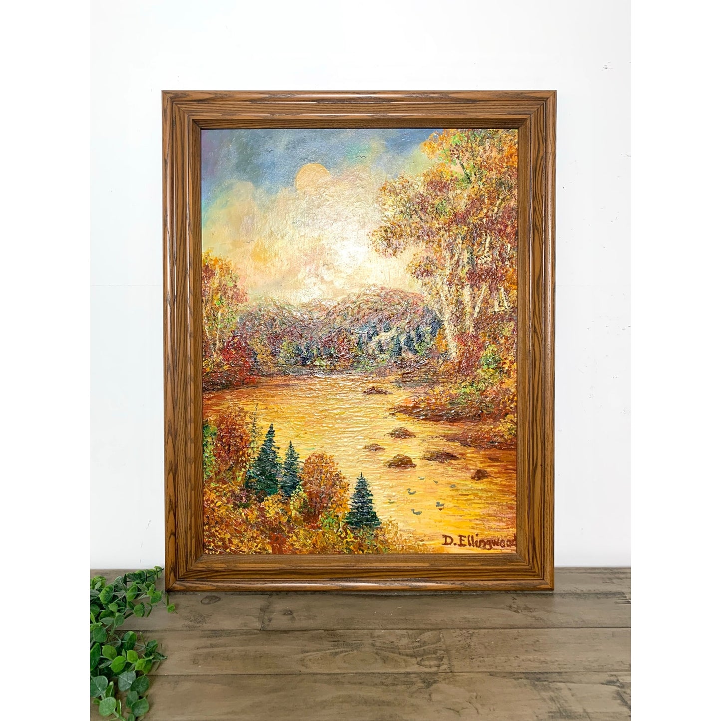 Vintage Oil Painting on Canvas by D. Ellingwood, Framed Autumn Landscape, 28x22