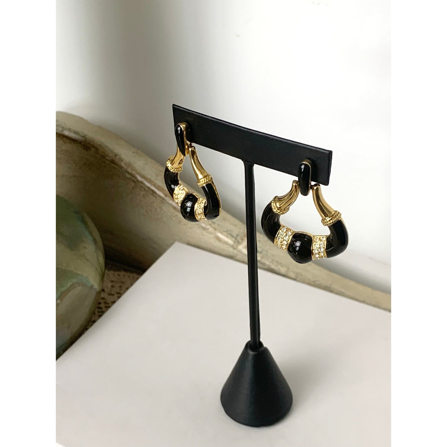 Vintage Black Enamel Rhinestone Goldtone Doorknocker Earrings Pierced Statement Glam