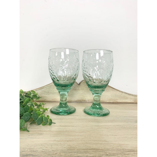 Vintage Libbey Orchard Fruit Green Glass Water Goblets Set of 2 Farmhouse Cottagecore