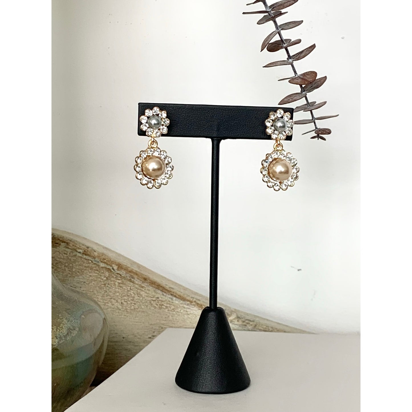 Statement Faux Pearl & Rhinestone Halo Post Back Drop Earrings Romantic Feminine