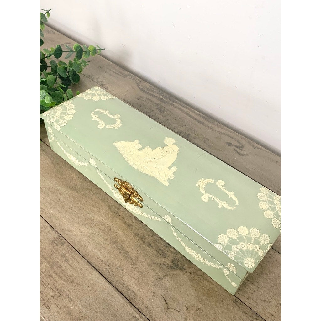 Antique Celluloid Glove Box Green Jewelry Box Figural Dog Relief Romantic Victorian