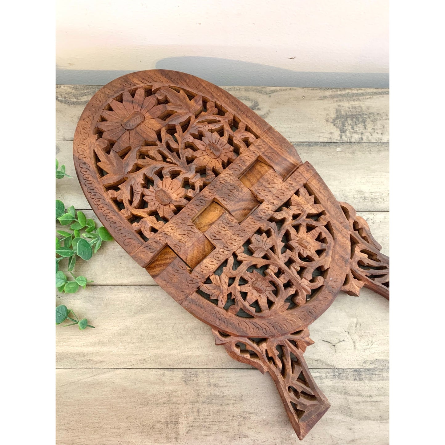 Vintage Hand Carved Wooden Book Stand Folding Ornate Cookbook Holder Mid Century