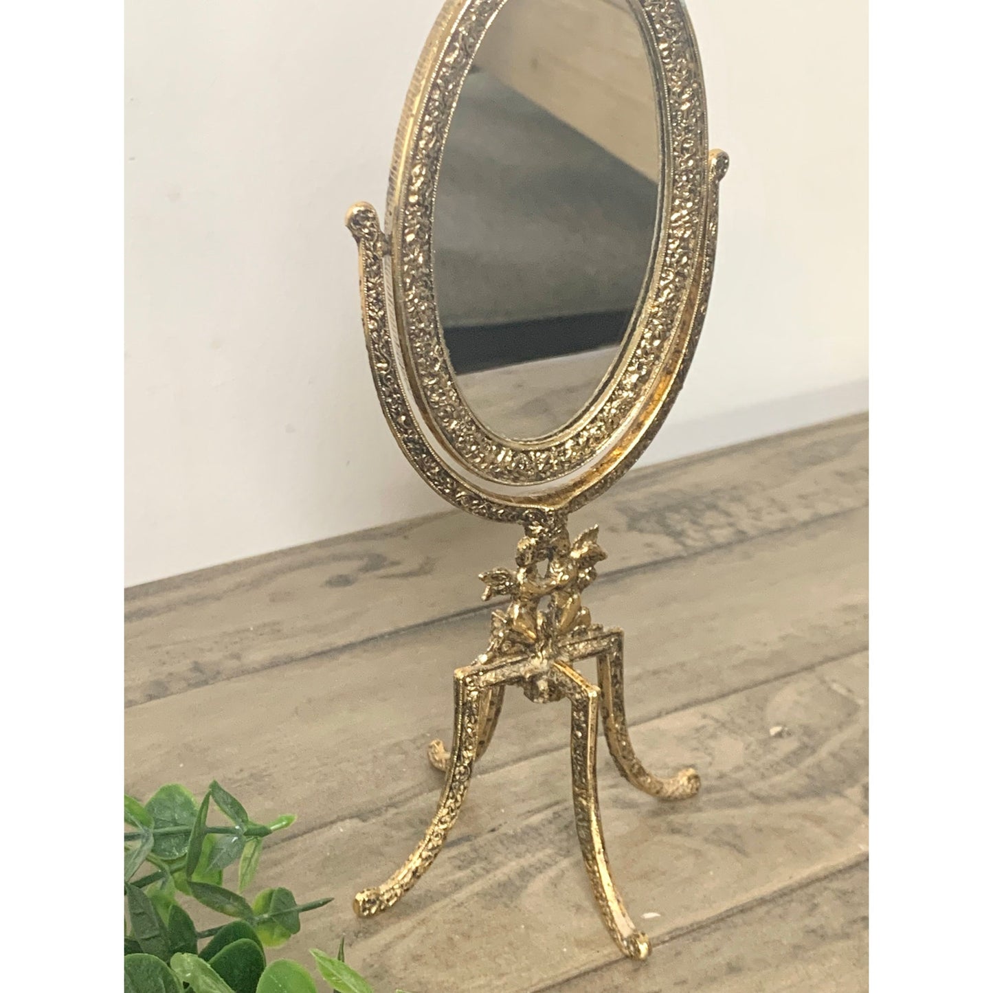 Vintage Gold Metal Tabletop Vanity Mirror Ornate Cherub Hollywood Regency Gilt