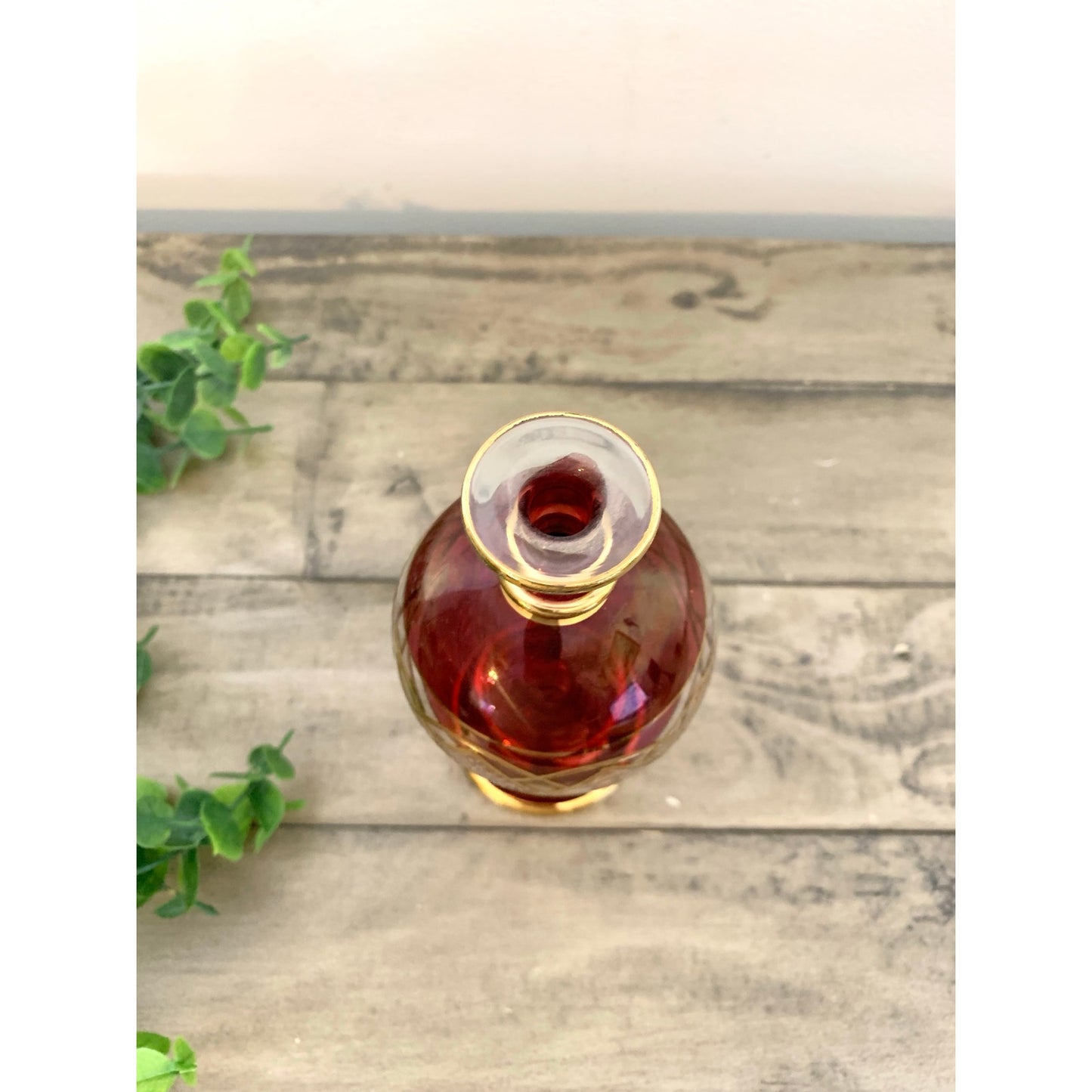 Vintage Egyptian Ruby Red Gold Hand Blown Glass Perfume Bottle Vanity Regency