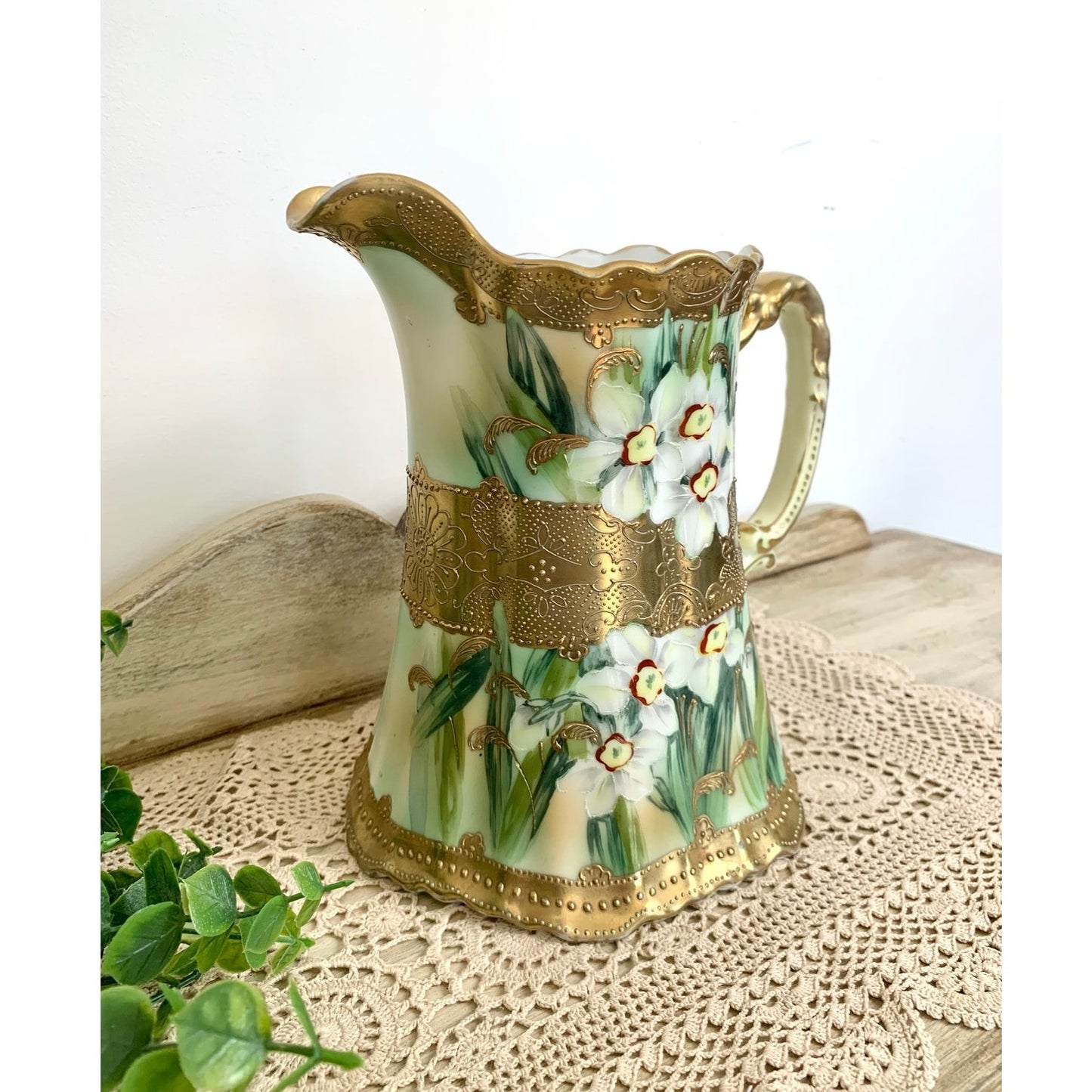 Antique Hand Painted Nippon Porcelain Pitcher Vase Floral Gold Romantic Cottage
