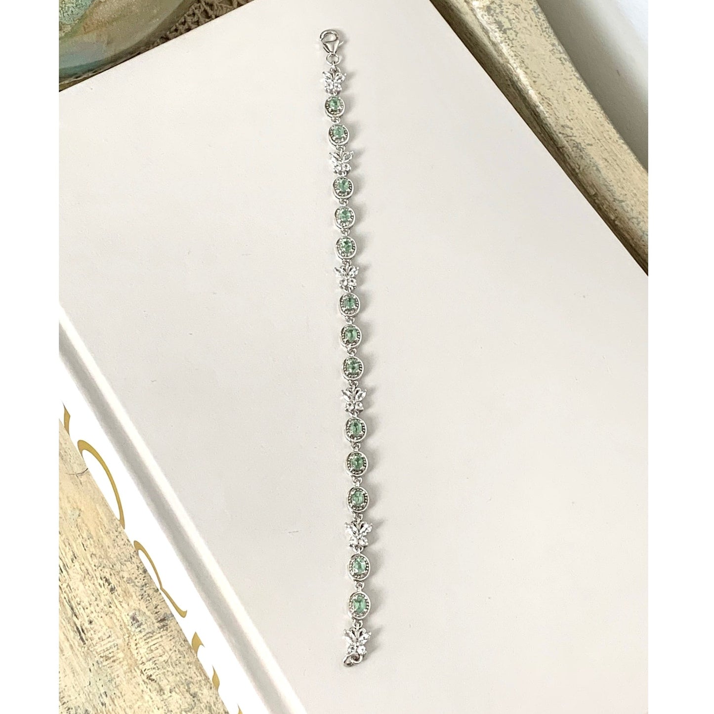 Vintage Sterling Silver Tennis Bracelet Green Stones Butterfly Links 925 Size 7
