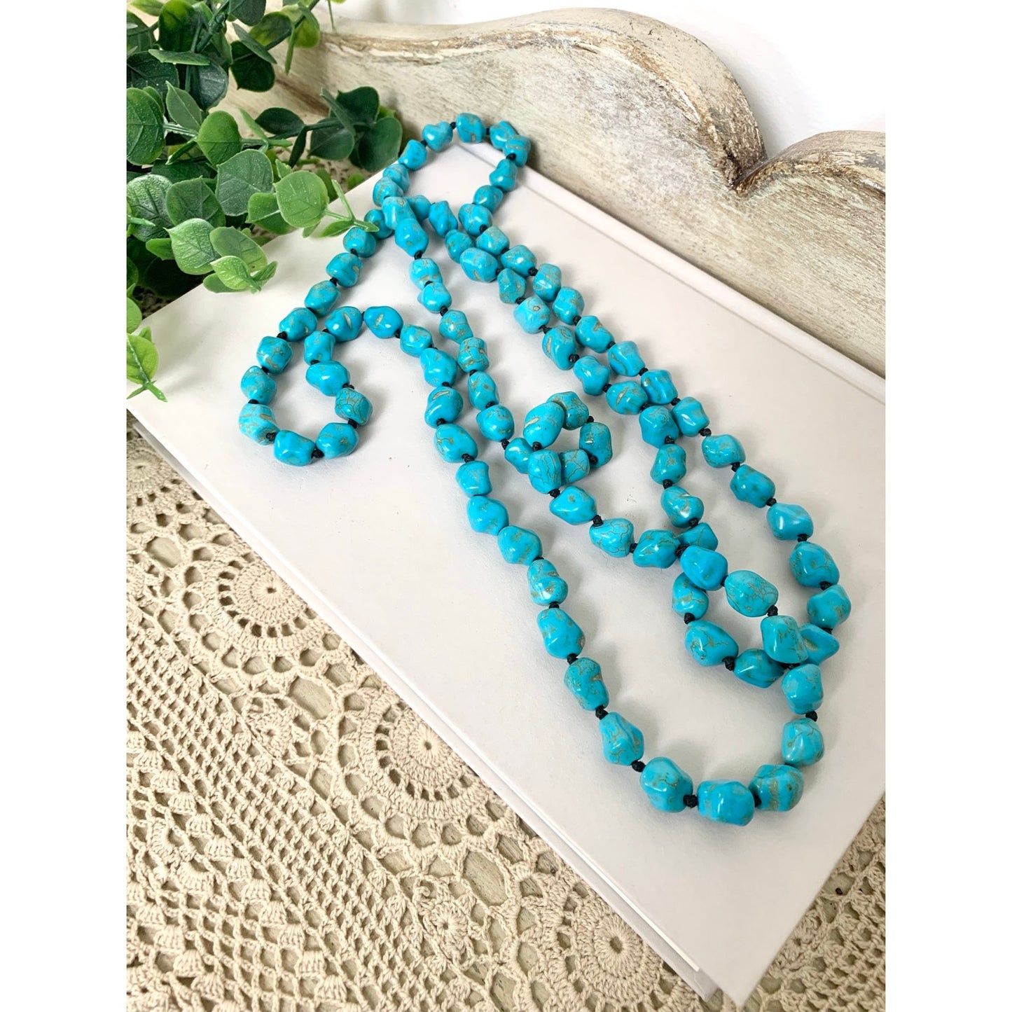 Blue Turquoise Nugget Beaded Necklace Long Vintage Southwestern Boho Jewelry 46"