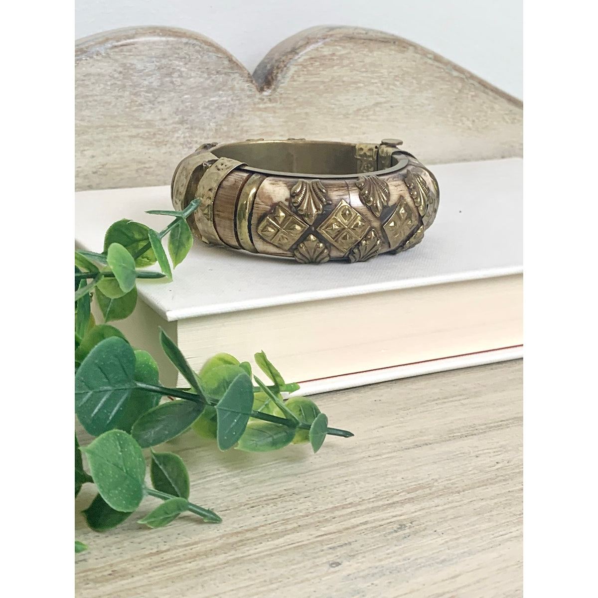 Vintage Camel Bone Bangle Bracelet Brass Overlay Hinged Statement Jewelry