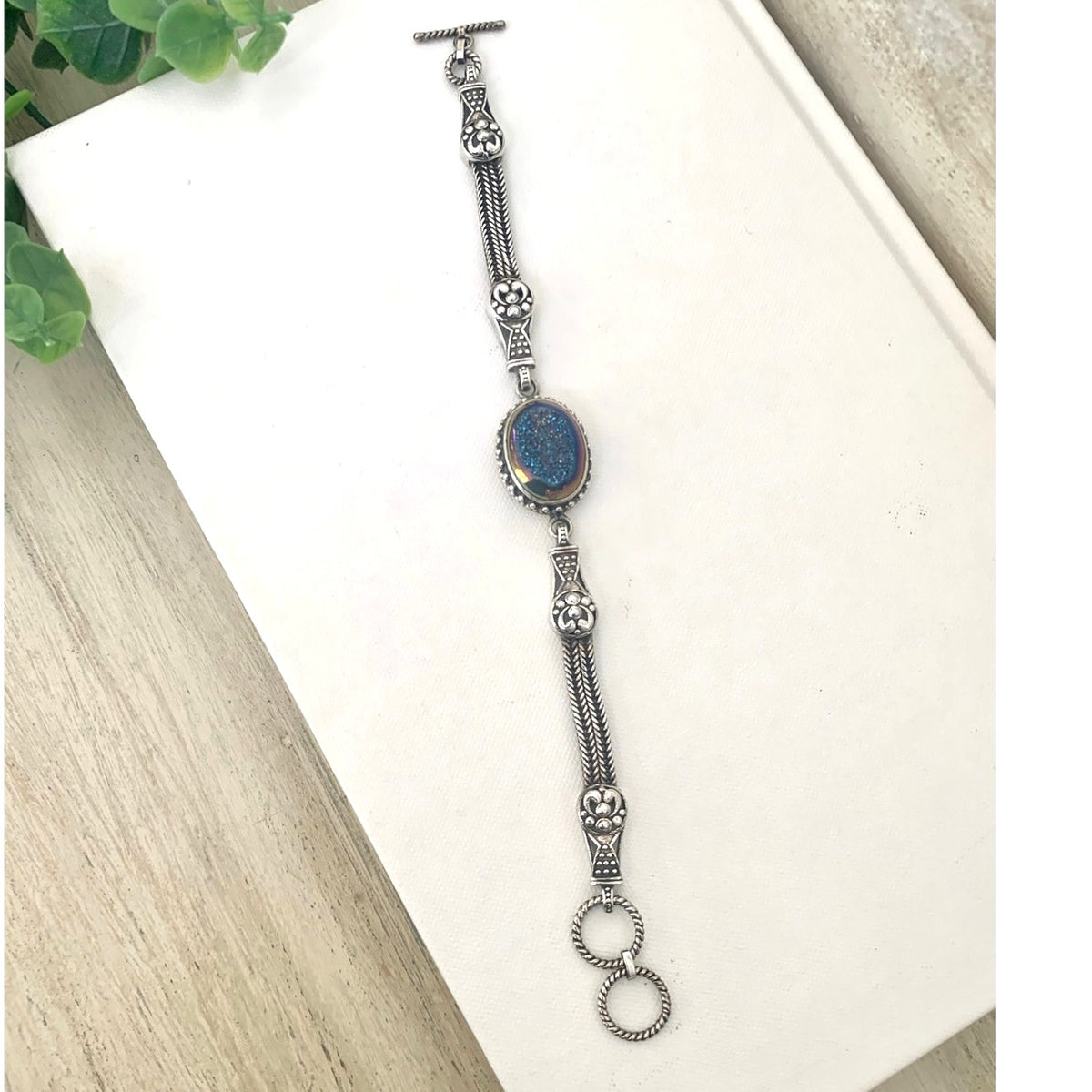 Vintage Sterling Silver Druzy Quartz Bracelet Blue Iridescent 925 Jewelry