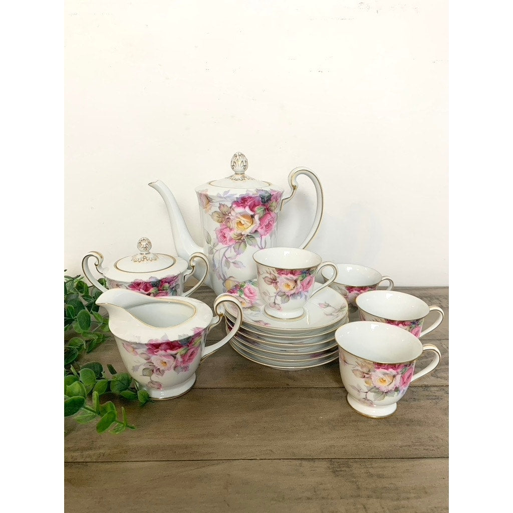 Vintage Noritake China Tea Coffee Serving Set Maruki “M” Backstamp, Pink Rose Pattern