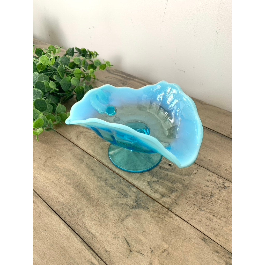 Vintage Dugan Opalescent Blue Glass Nappy Dish Aqua Pedestal Bowl Cottage Boho
