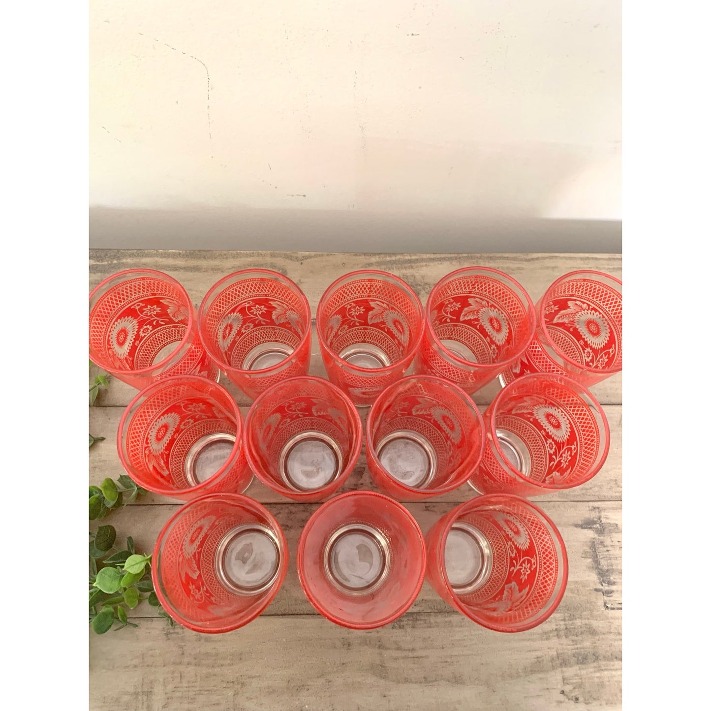 Vintage Mid Century Barware Glasses 12pc Retro Floral Red Drinkware Boho Cottage