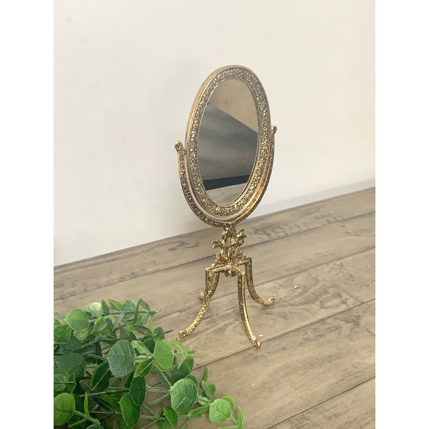Vintage Gold Metal Tabletop Vanity Mirror Ornate Cherub Hollywood Regency Gilt