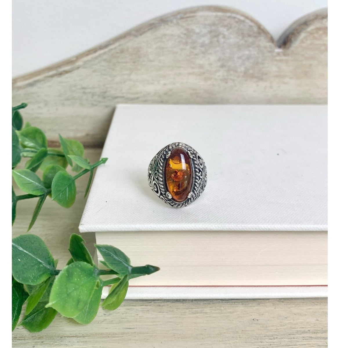 Vintage Sterling Silver Amber Ring Ornate Filigree Statement Jewelry 925 Boho Southwestern