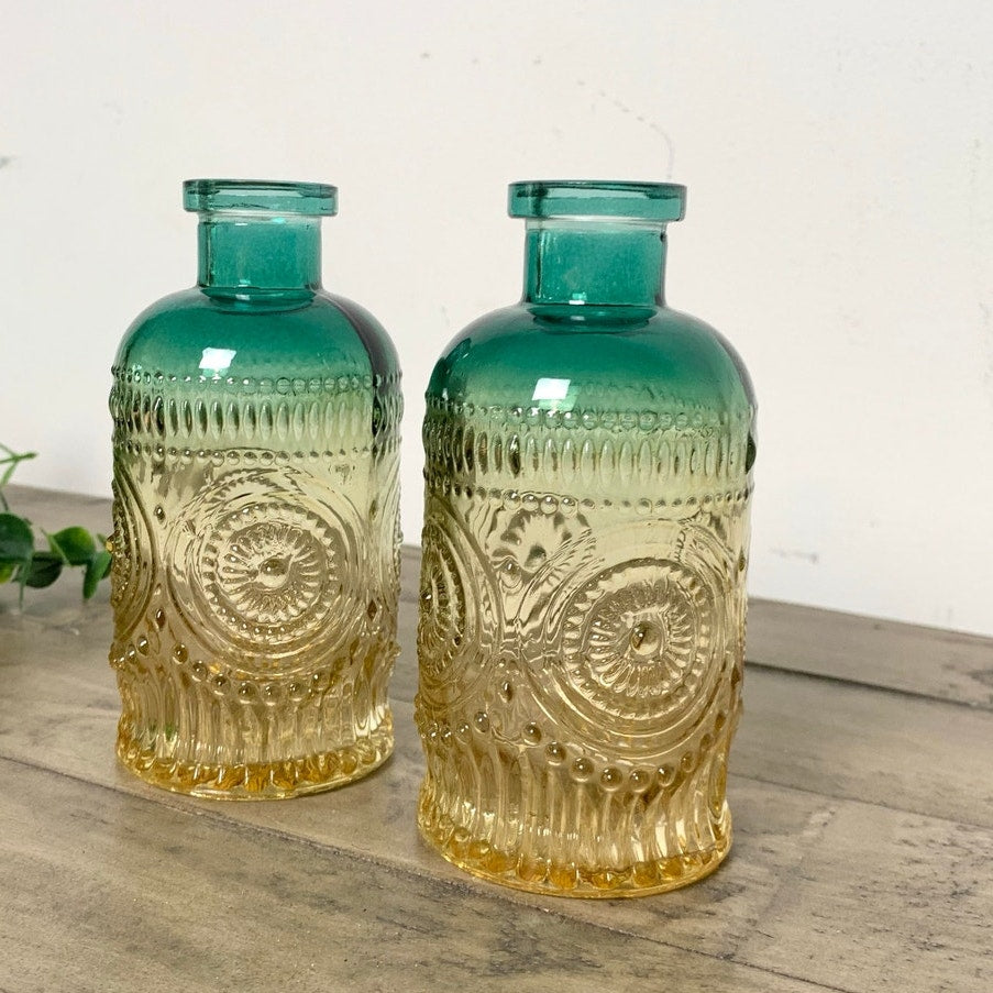 Vintage Style Ombre Green Amber Glass Bud Vase Set Pair Textured Boho Coastal