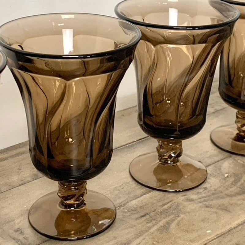 Vintage Fostoria Jamestown Brown Smokey Swirl Goblets Glasses Set of 4 Mid Century