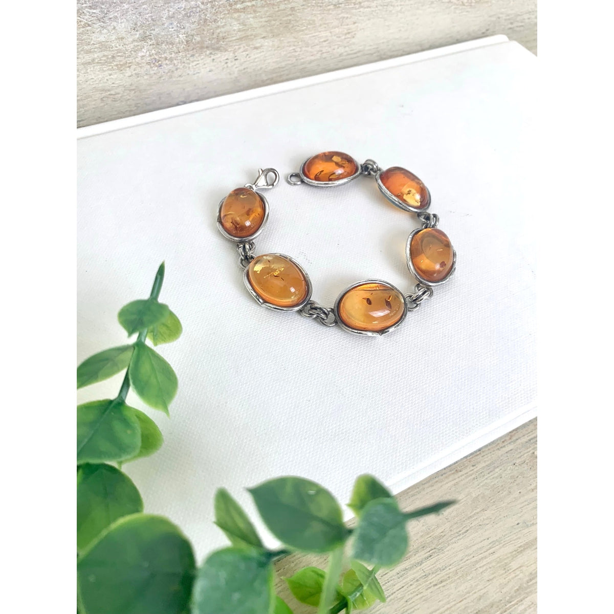 Vintage 925 Sterling Silver Amber Bracelet Six Stone Oval Link Jewelry Boho Southwestern