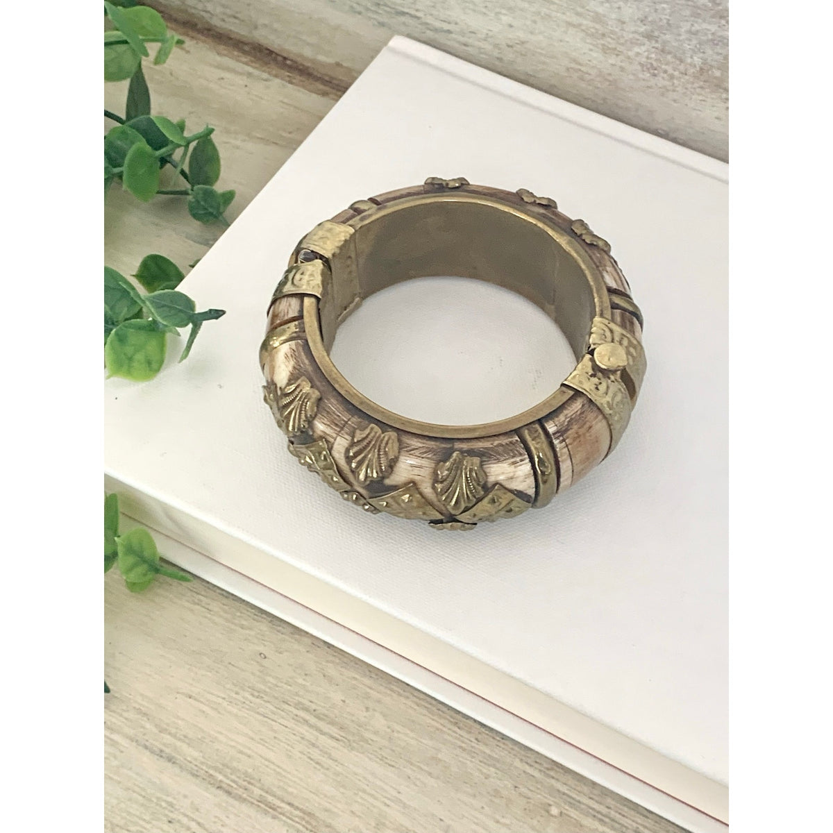 Vintage Camel Bone Bangle Bracelet Brass Overlay Hinged Statement Jewelry