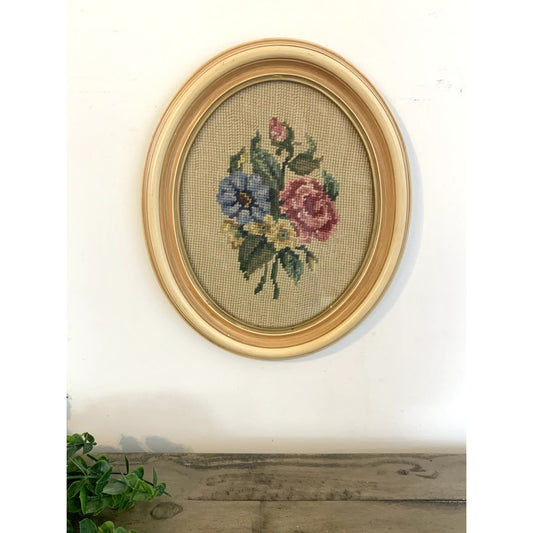 Vintage Floral Needlepoint Art in Oval Frame Hand Stitched Wall Art Cottagecore Romantic Shabby Chic
