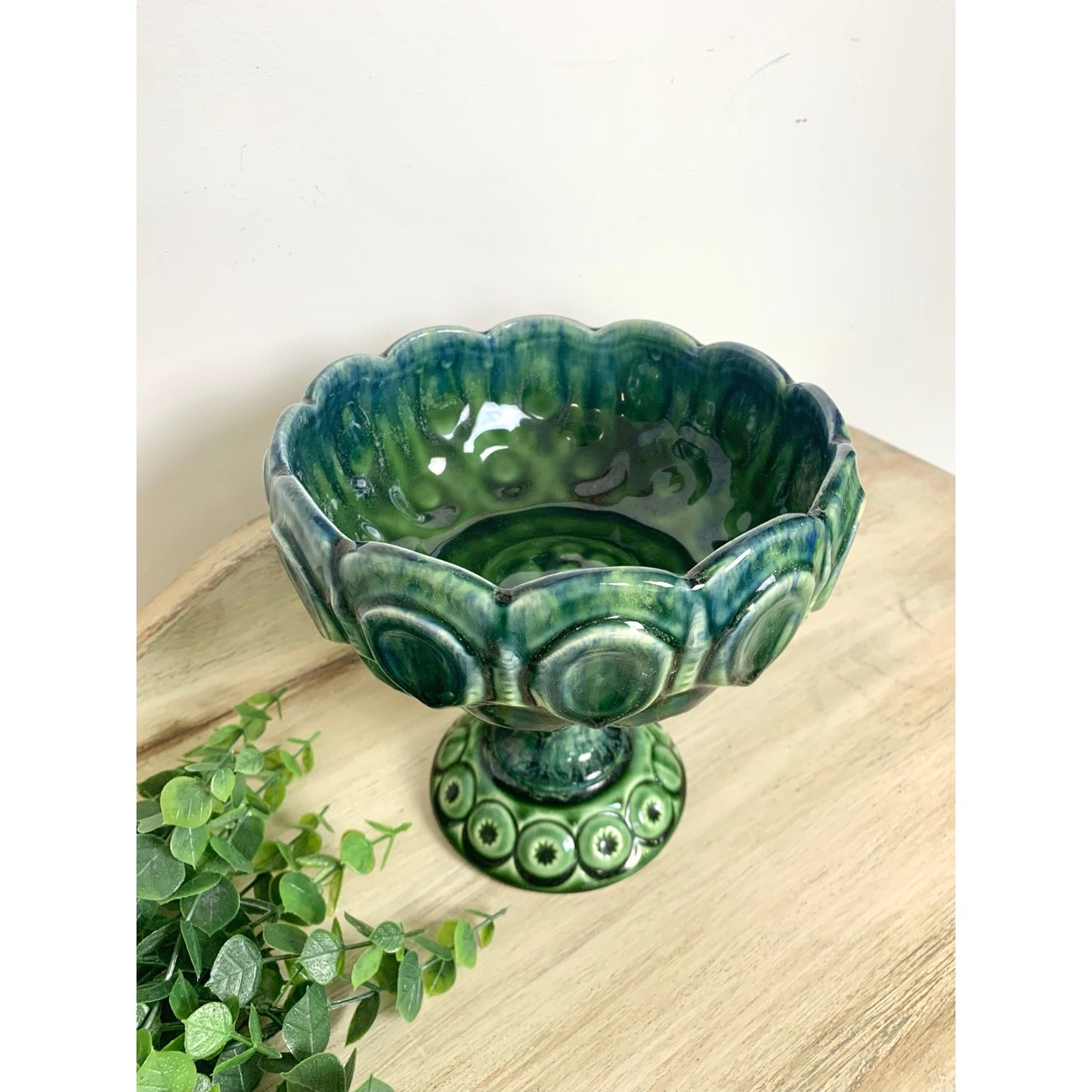 Vintage McCoy Pottery Compote Pedestal Bowl Green Teal Moon and Stars Mid Century
