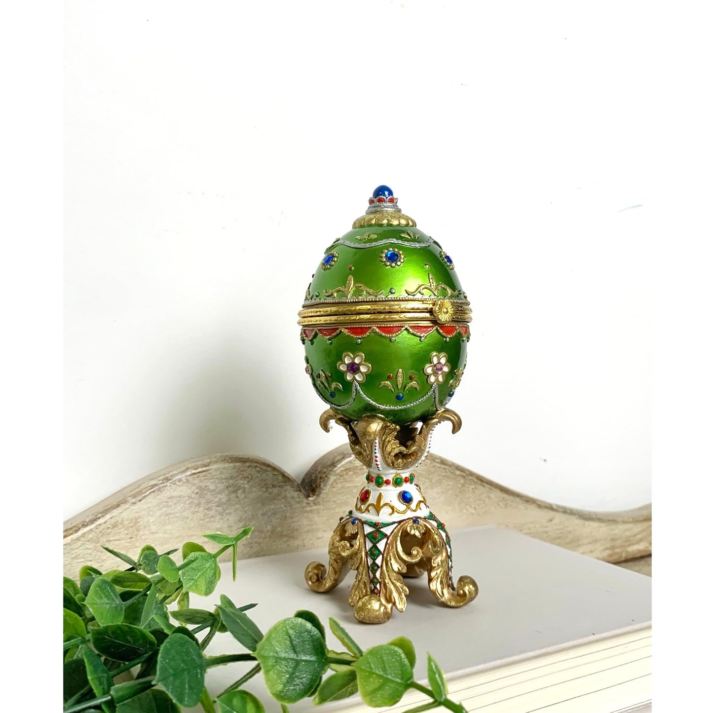 Vintage Faberge Style Green Enamel Egg Trinket Box Jeweled Pedestal Jewelry Box
