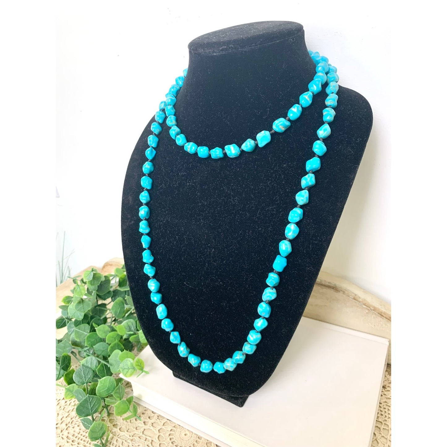 Blue Turquoise Nugget Beaded Necklace Long Vintage Southwestern Boho Jewelry 46"