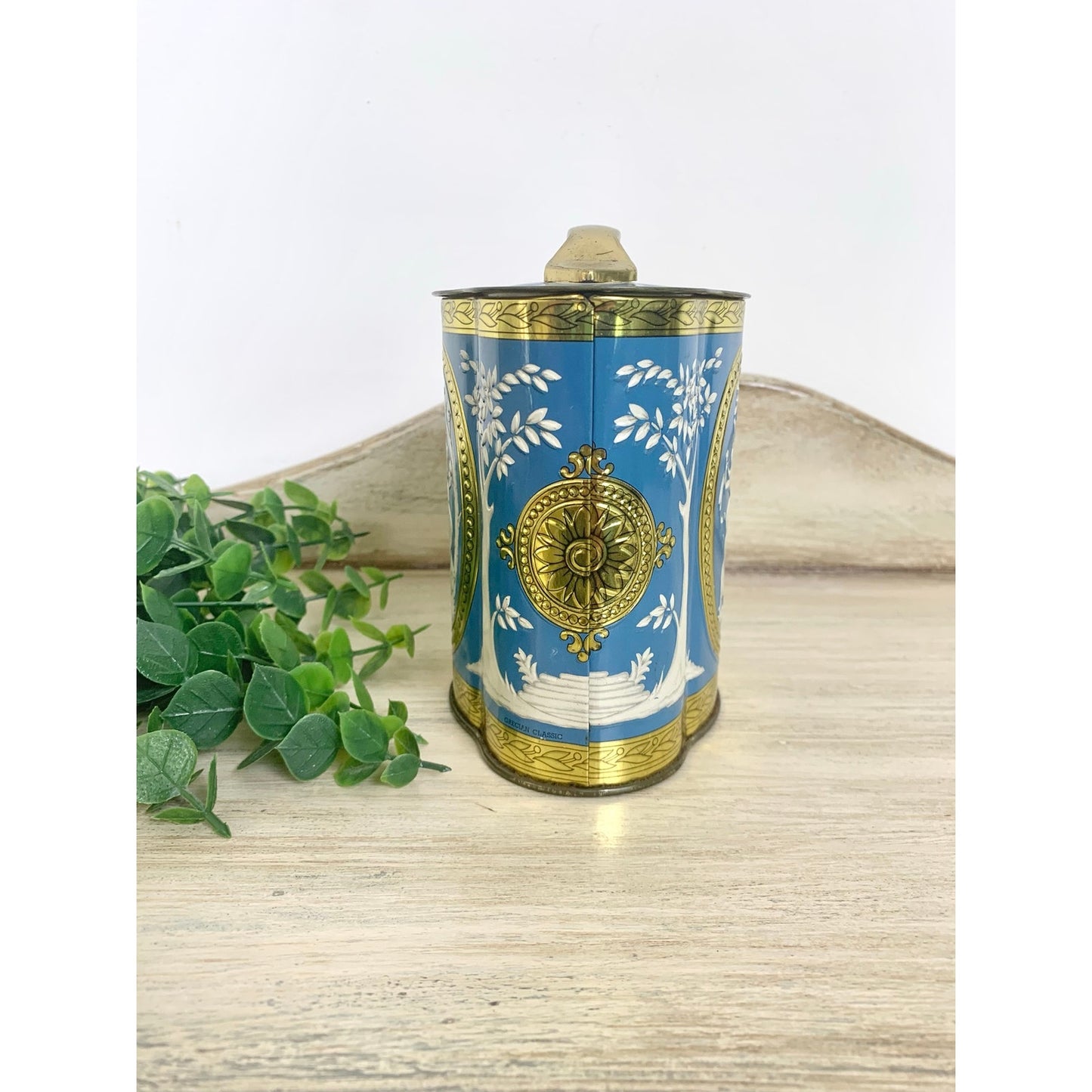 Vintage Tin Canister Murray Allen Grecian Figural Blue Gold Made in England Victorian Style