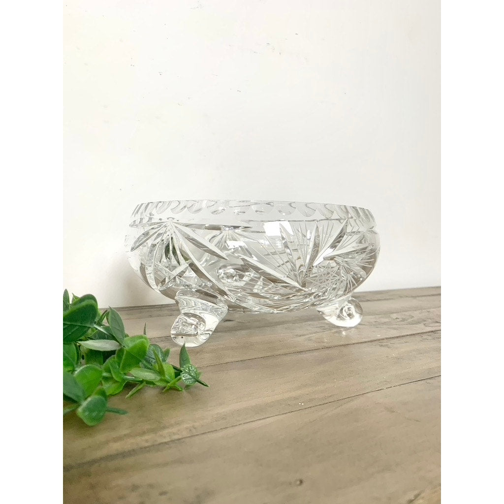 Vintage Cut Crystal Footed Bowl Starburst Centerpiece Vase Fruit Bowl on Three Feet Elegant Serving