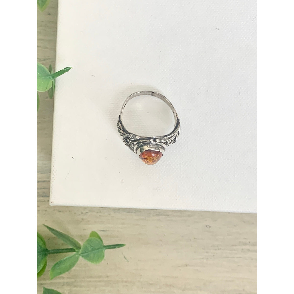 Vintage Sterling Silver Amber Ring Botanical Leaf Filigree Jewelry Boho Southwestern