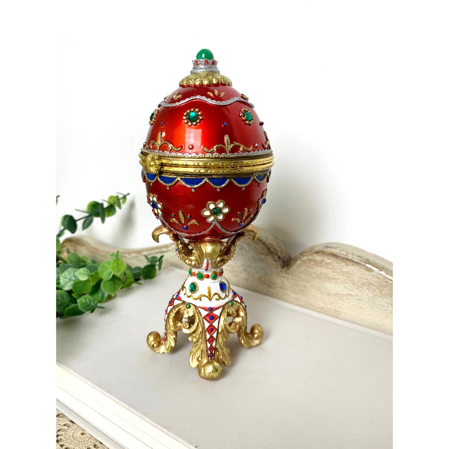Vintage Faberge Style Red Enamel Egg Trinket Box Jeweled Pedestal Jewelry Box