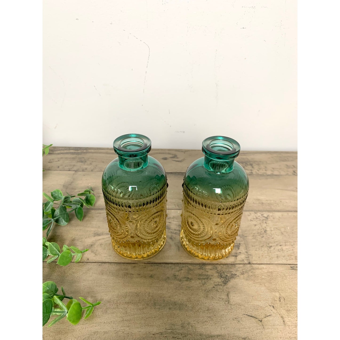 Vintage Style Ombre Green Amber Glass Bud Vase Set Pair Textured Boho Coastal