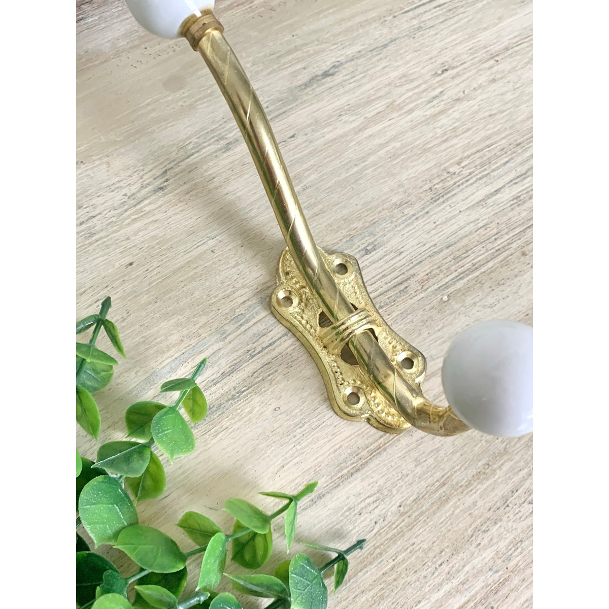 Vintage Brass Double Wall Hook White Porcelain Knobs Coat Rack Hardware