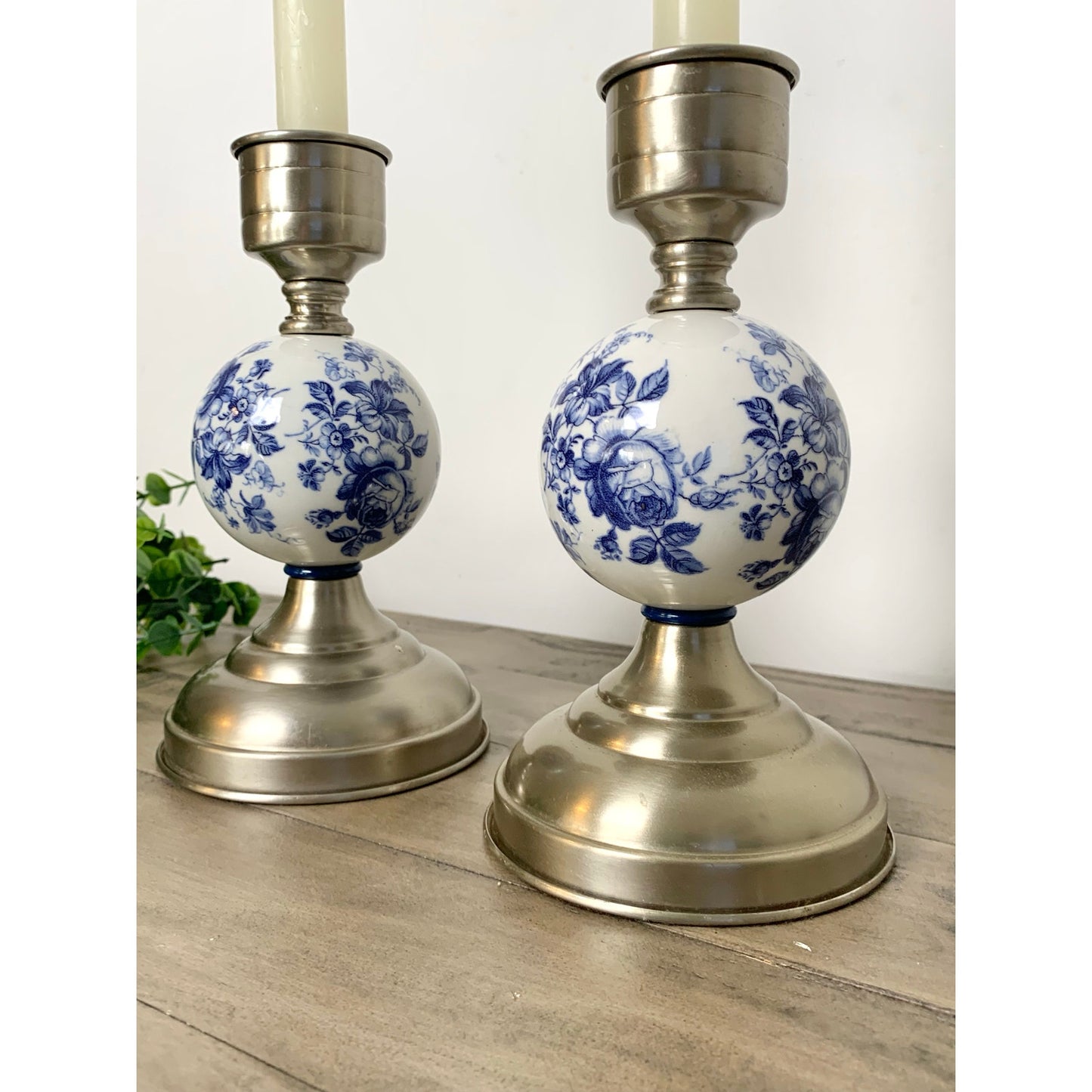 Vintage Blue & White Floral Porcelain and Pewter Candlestick Holders Set of 2