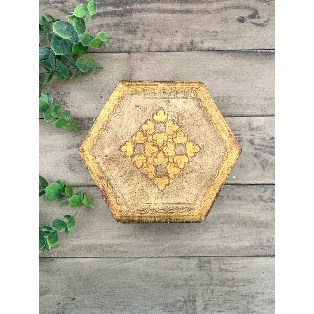 Vintage Florentine Gold Giltwood Box Made in Italy Hexagon Trinket Box Old World Regency