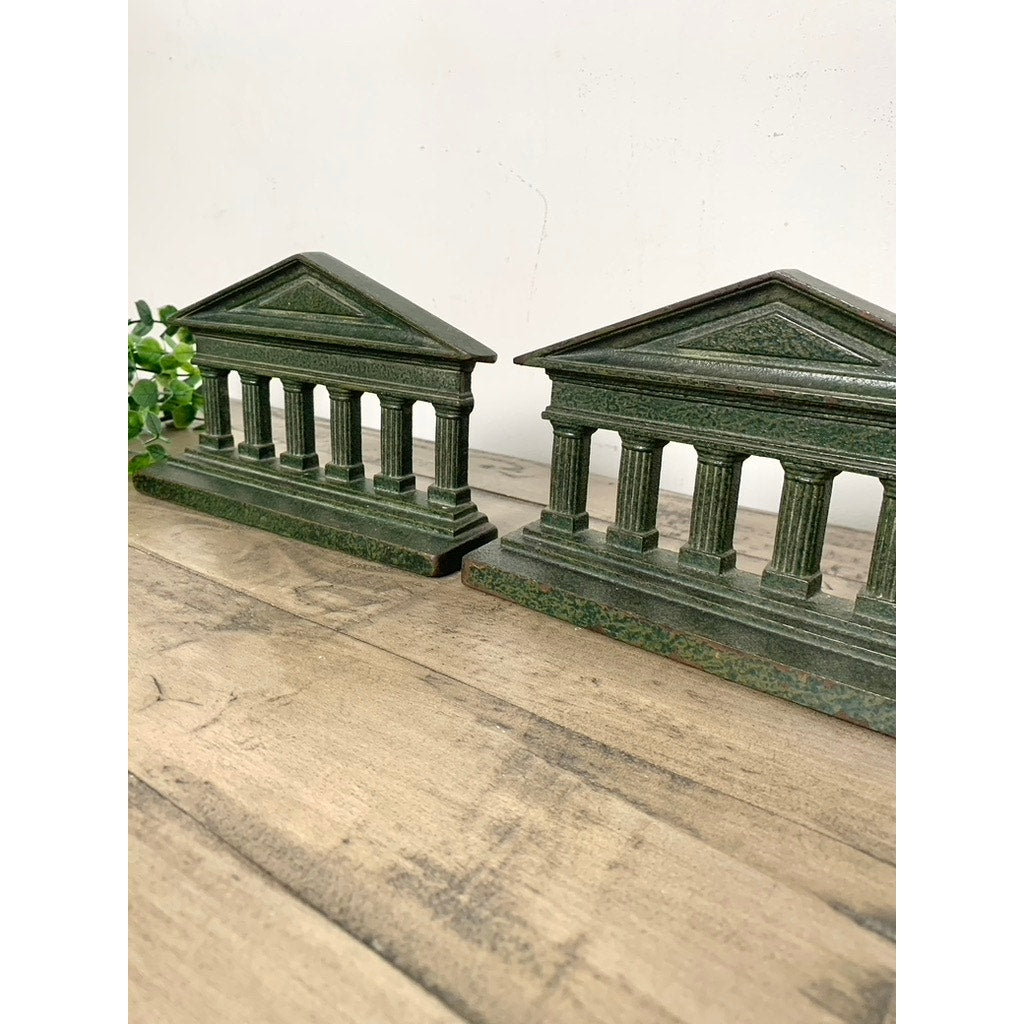Vintage Cast Iron Greek Roman Bookends Green Greek Parthenon Columns Old Money